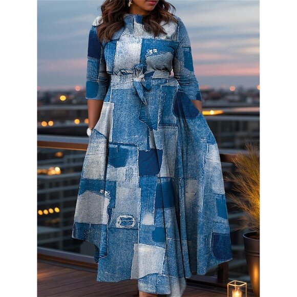 Plus Size Maxi Dress Stretch Self Tie Pockets A-Line Casual Dress - Picture 2 of 5